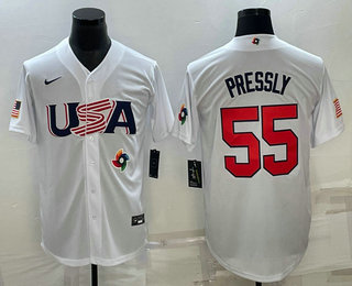Mens USA Baseball #55 Ryan Pressly 2023 White World Baseball Classic Stitched Jersey->2023 world baseball classic->MLB Jersey